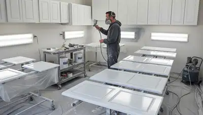 Professional cabinet painting process in Saint Louis, MO with smooth sprayed finishes for kitchen upgrades