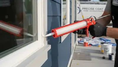 Painter applying exterior caulking and sealing on home siding in Saint Louis MO to prevent moisture damage