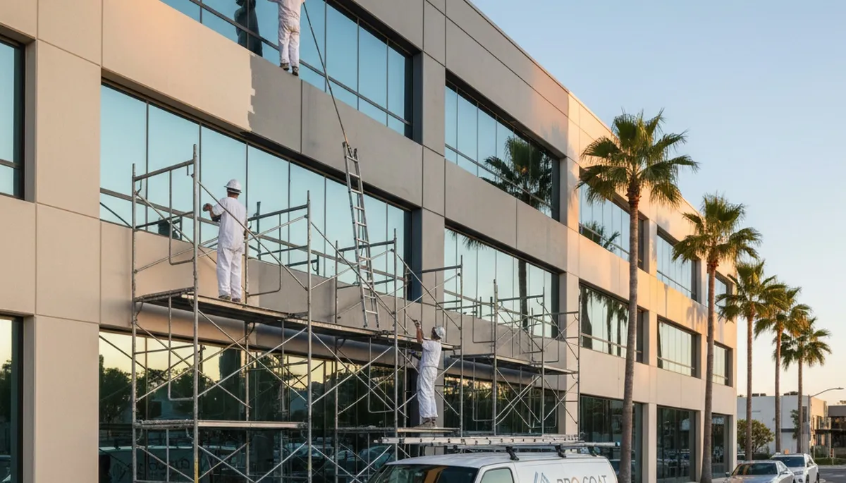 Professional commercial painters working on an office exterior in Saint Louis, MO