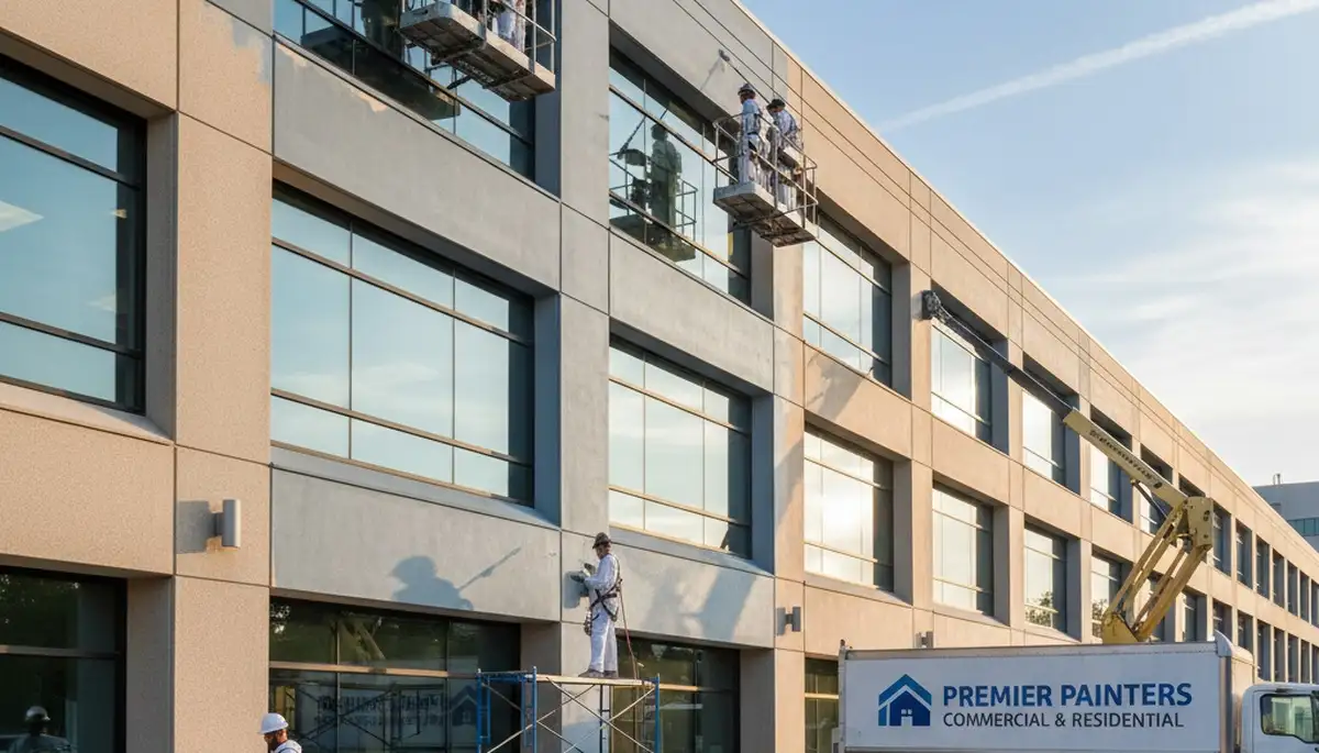 Professional commercial painters finishing office exterior in Saint Louis, MO