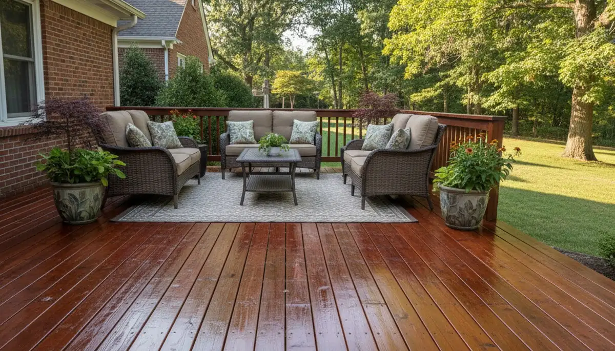 Finished deck staining in Saint Louis, MO showing rich wood color and expert weather-resistant finish