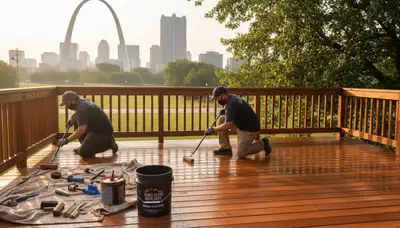 Professional painters applying deck stain for wood protection in Saint Louis, MO backyard deck