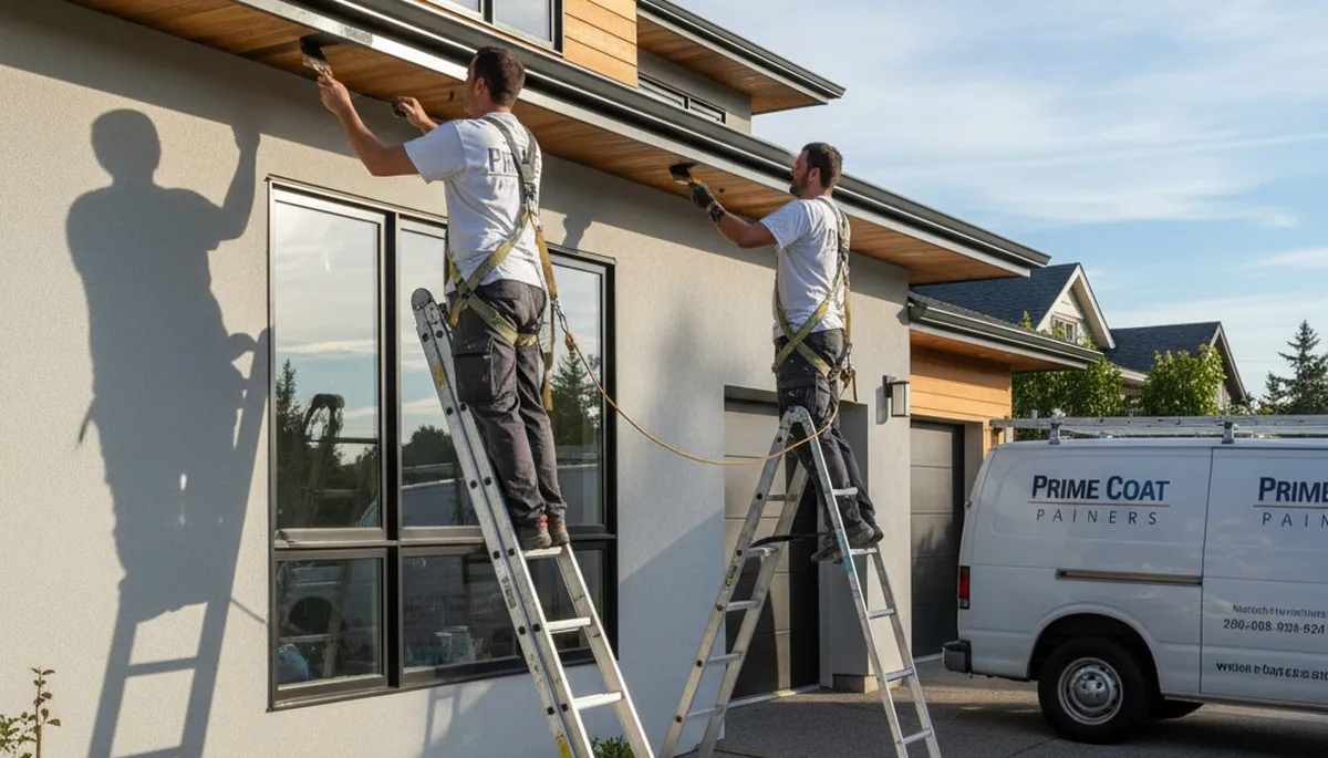 Professional gutter painting on suburban home exterior in Saint Louis, MO by expert house painters