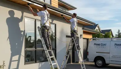 Professional gutter painting on suburban home exterior in Saint Louis, MO by expert house painters