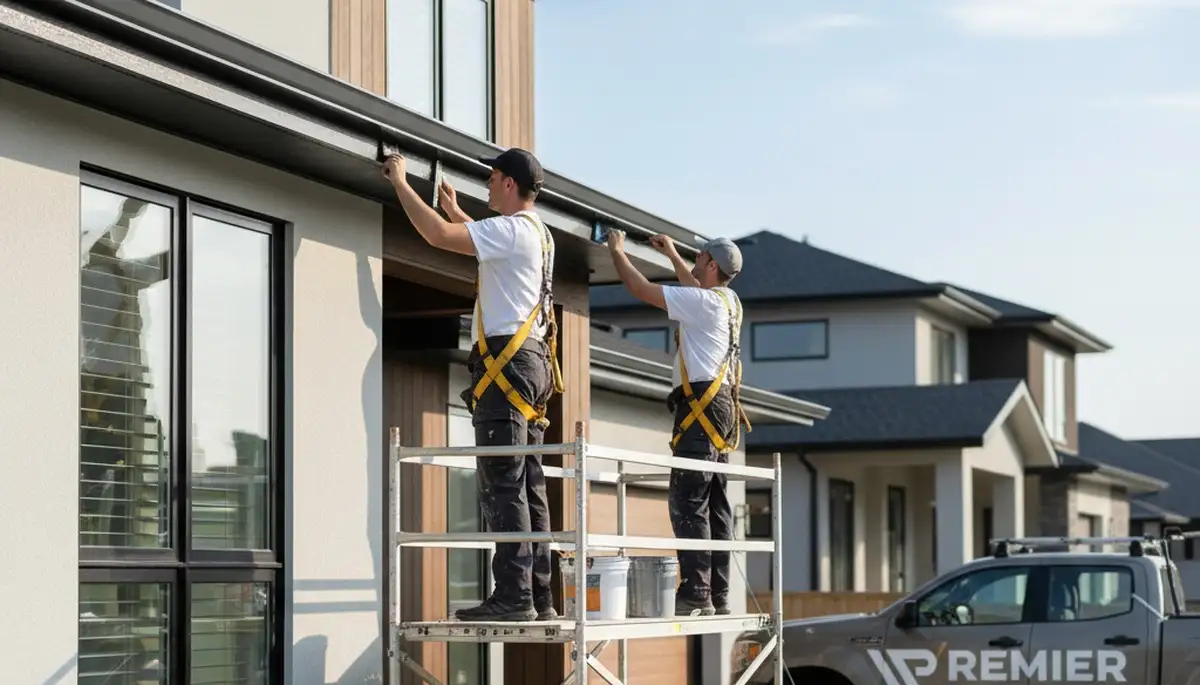 Professional gutter painting on residential home exterior in Saint Louis, MO by expert house painters