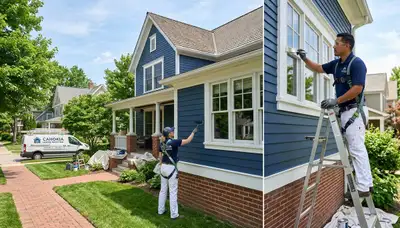 Professional house painters working on exterior home repaint in Saint Louis, MO