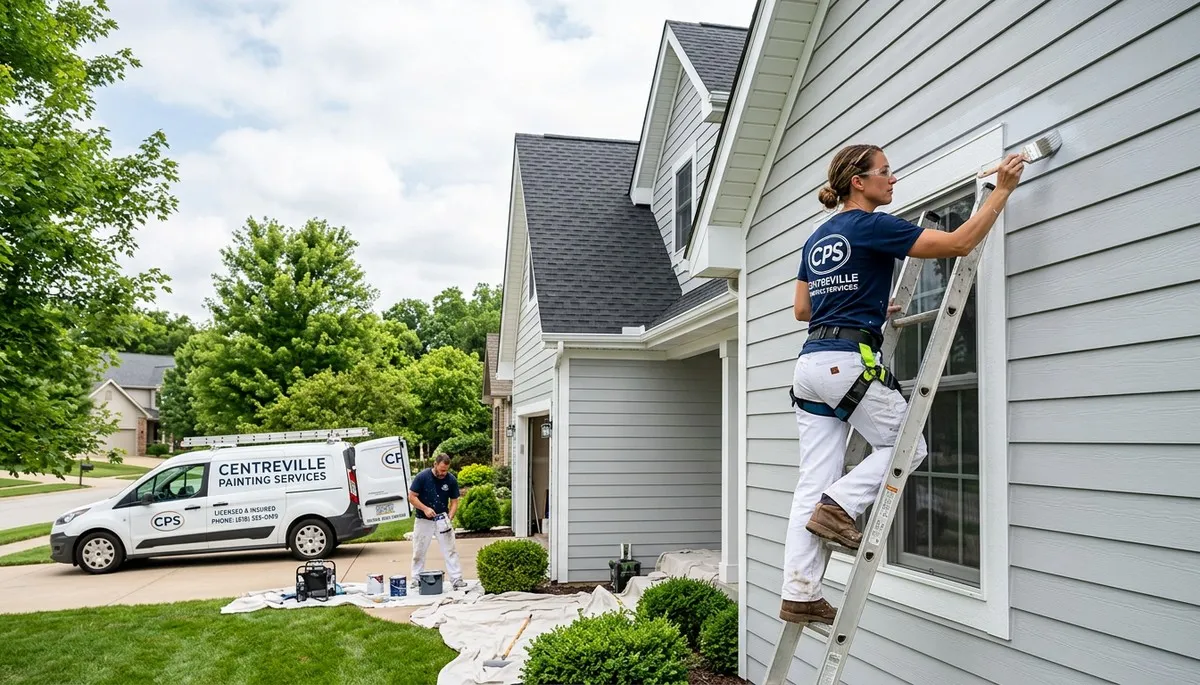 Professional house painters working on residential exterior in Saint Louis MO