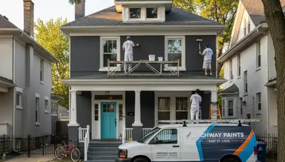 Professional house painters working on residential exterior in Saint Louis, MO