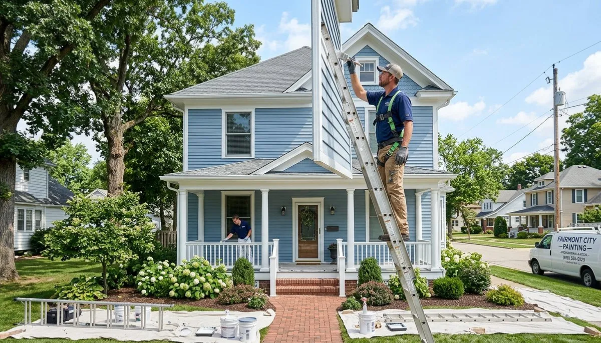Professional house painters in Saint Louis MO applying exterior paint to a residential home