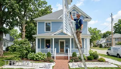 Professional house painters in Saint Louis MO applying exterior paint to a residential home