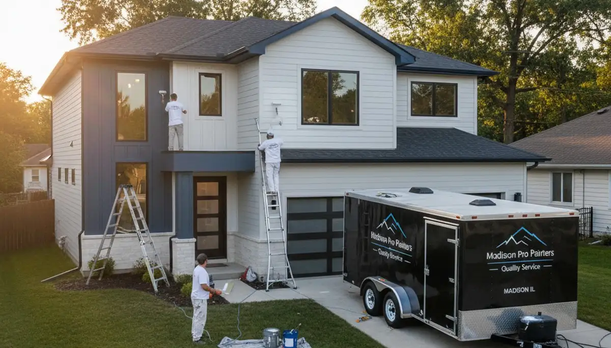 Professional house painters working on a residential exterior in Saint Louis, MO