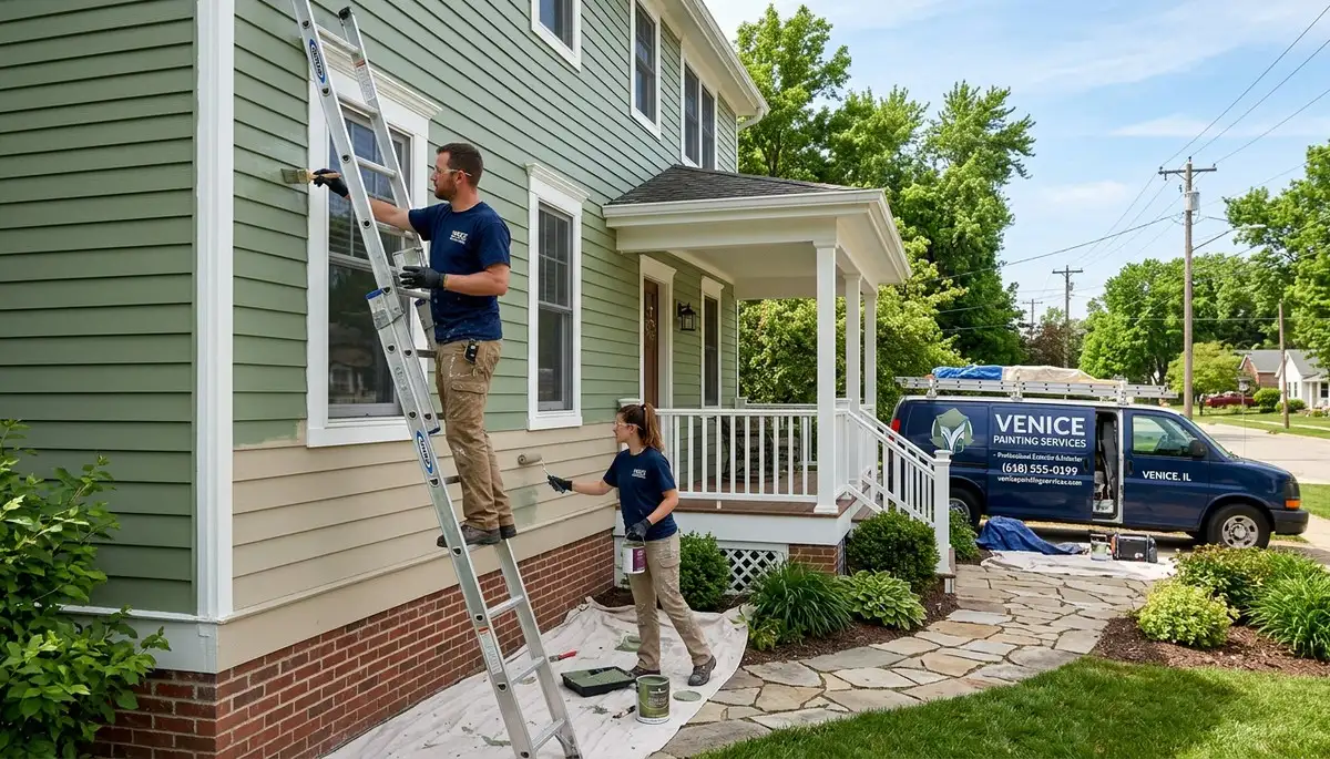 Professional house painters working on a residential exterior in Saint Louis, MO