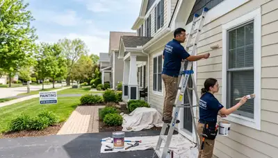 Professional house painters working on exterior home repaint in Saint Louis, MO