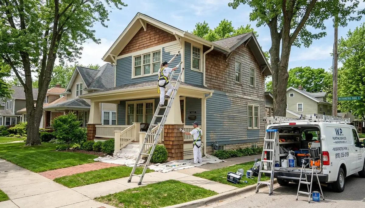 Professional house painters working on exterior home repaint in Saint Louis, MO